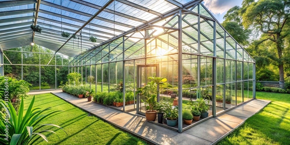 A serene and peaceful modern greenhouse with lush greenery and natural light, modern greenhouse A serene and peaceful modern greenhouse with lush greenery and natural light, modern greenhouse
