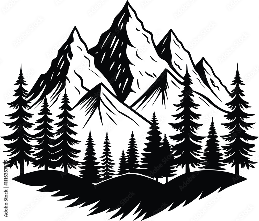 Obraz premium Hand-Drawn Mountain Silhouette with Pine Trees - Vector Illustration on Black And White.