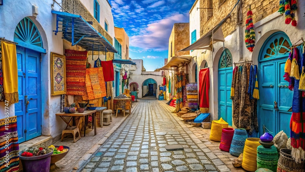 Fototapeta premium Colorful and lively souk (market) in the heart of Djerbas old medina, traditional souk,Djerba island,Tunisian market