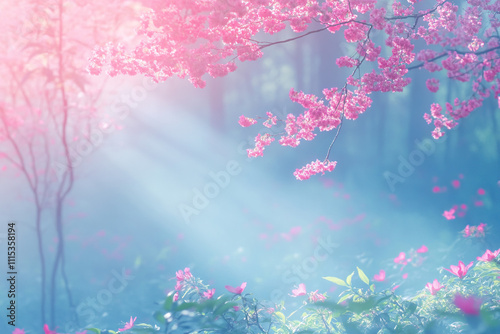 Delicate spring landscape with blooming cherry trees in a quiet park, sakura branches against the background 
