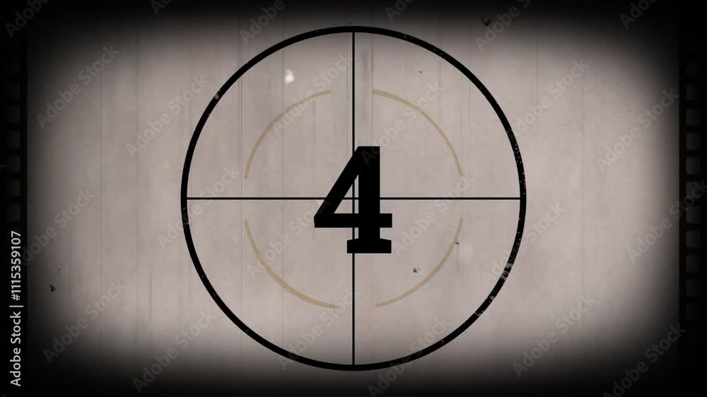 Countdown old movie from 9 to 0 number. Vintage old film movie timer count in grey retro style. Video timer, countdown retro cinema animation.
