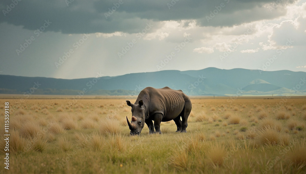 Fototapeta premium Majestic rhinoceros roams freely under a dramatic sky on World Wildlife Day