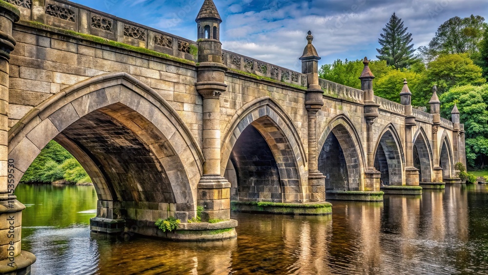 Fototapeta premium Bridge structure with stone pillars and Gothic architecture, architectural details, bridge, gothic