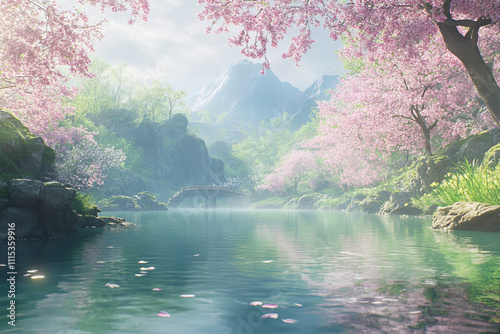 Delicate spring landscape with blooming cherry trees in a quiet park, sakura branches against the background of lake water