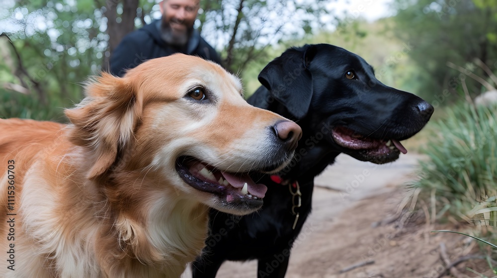golden retriever dog, a man and a dog are looking at the camera golden retriever dog, a man and a dog are looking at the camera