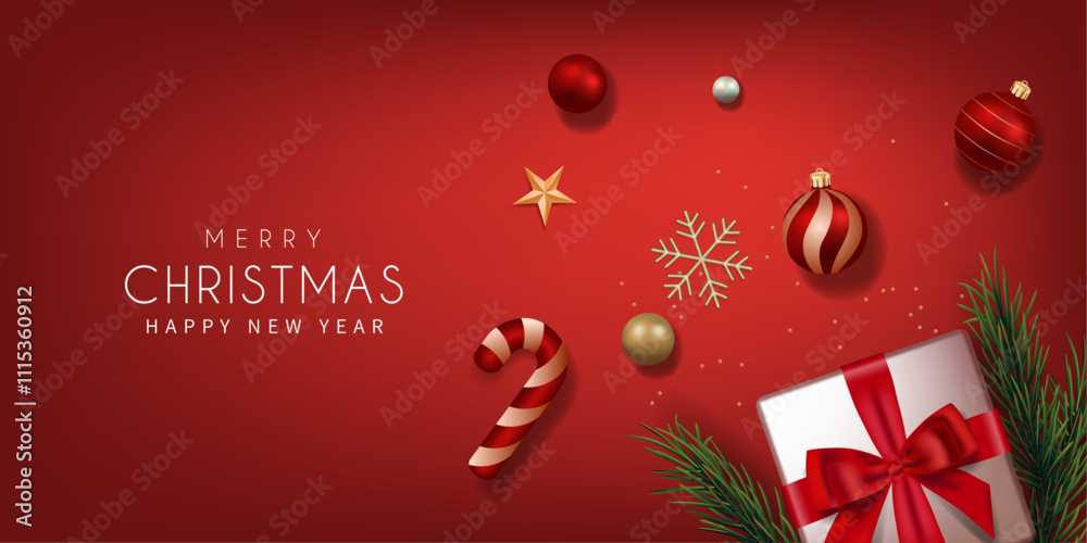 Naklejka premium Merry Christmas Top View Banner with Christmas Elements . Vector illustration. 