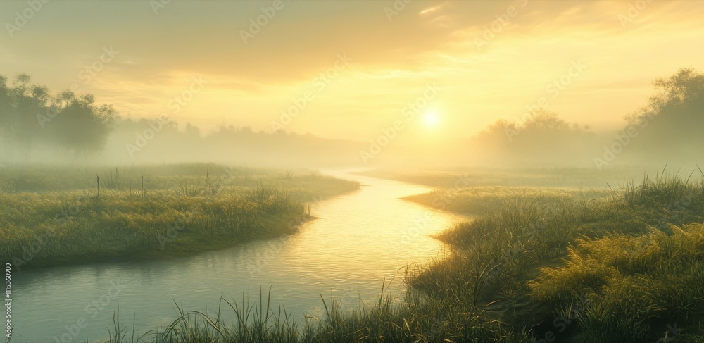 Obraz premium A Misty River Winding Through a Golden Sunrise Landscape