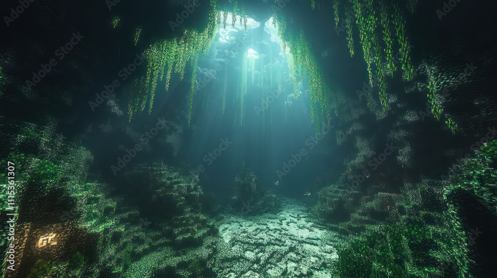 A mysterious underwater cavern, with jagged rocks and glowing algae illuminating the dark surroundings A mysterious underwater cavern, with jagged rocks and glowing algae illuminating the dark surroundings