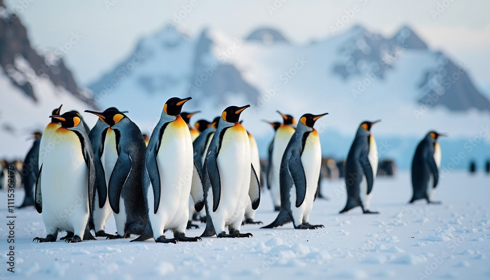 Fototapeta premium Majestic emperor penguins gather on icy landscape during World Wildlife Day celebration in Antarctica