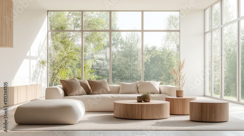 Living room with comfortable white sofa and wooden table near the apartment glass window