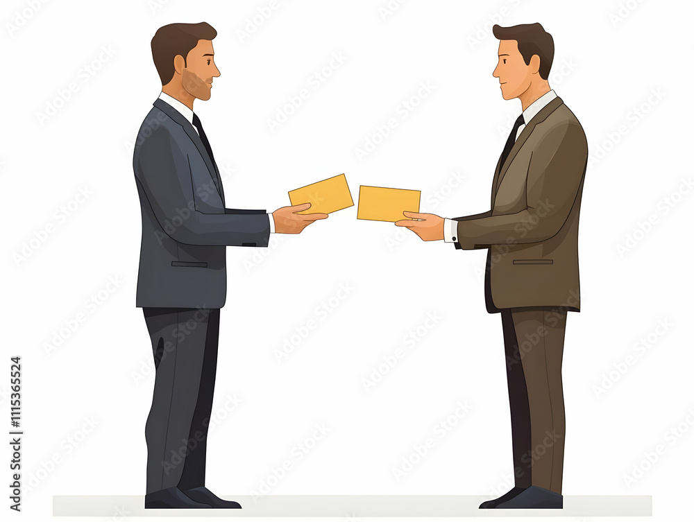 Fototapeta premium Flat Colleagues Exchanging Business Cards Candid Office Shot with Copy Space