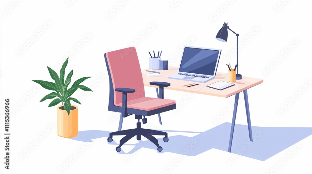 Fototapeta premium Modern home office setup featuring a laptop, ergonomic chair, plant, and stationery against a white background, illustrating the remote work concept.