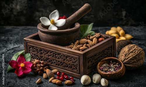 Traditional Chinese medicine herbs in a wooden box with a mortar and pestle, representing ancient healing wisdom and cultural heritage. Natural grains and medicinal ingredients reflect holistic wellne