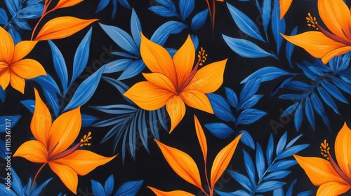 Exotic Seamless Pattern Featuring Vibrant Bird of Paradise Flowers and Leaves in Striking Orange and Blue Colors on Dark Background