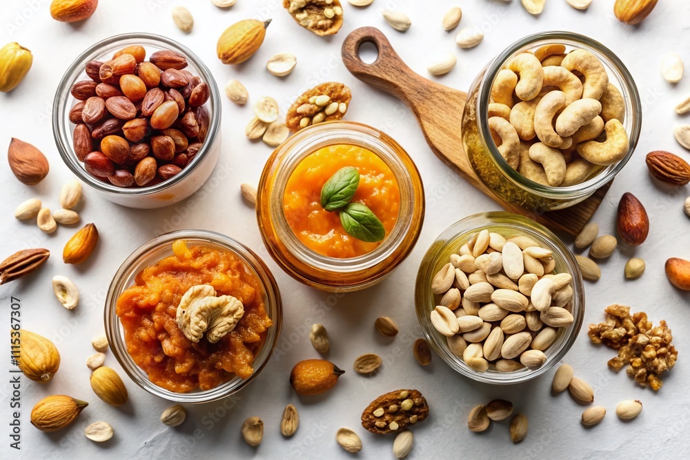 Fototapeta premium Minimalist Nuts - Cashews, Almonds, Pumpkin Seeds, Coconut Jam - Floating Dry Fruits