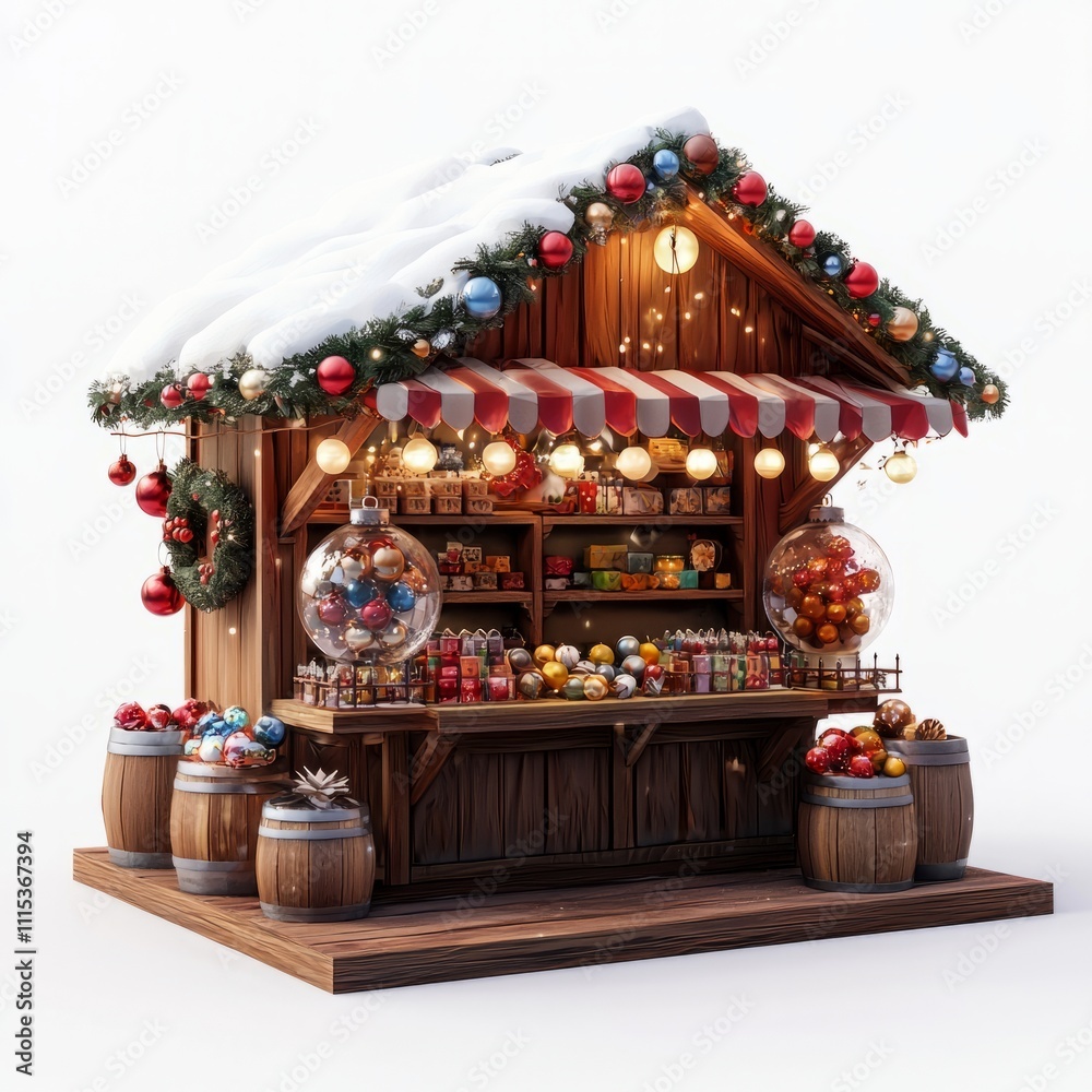 Obraz premium 3D Render of a Christmas market stall with snow globes, on isolated white background