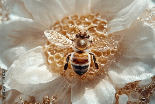 Honeybee on Flower with Honeycomb Detail photo