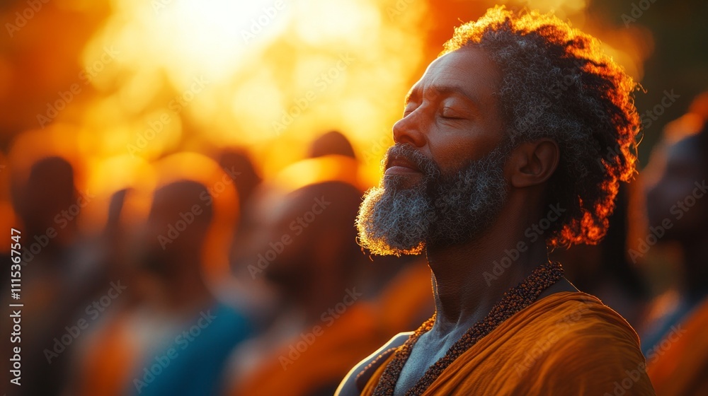 Obraz premium A group of individuals immersed in deep meditation as the sun sets, casting a warm golden glow. One person stands out, embodying peace and wisdom, surrounded by a sacred atmosphere