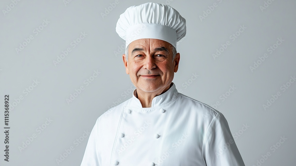 Confident and Approachable Senior Chef in Professional White Attire, Posing with a Gentle Smile Against a Simple Background, Radiating Capability and Warmth, Ideal for Abstract Marketing Backgrounds a Confident and Approachable Senior Chef in Professional White Attire, Posing with a Gentle Smile Against a Simple Background, Radiating Capability and Warmth, Ideal for Abstract Marketing Backgrounds a
