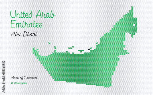 The map of United Arab Emirates with the capital Abu Dhabi is depicted in a knitted pattern. Woolen ornament	