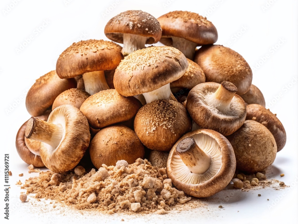 Shiitake Mushroom & Powder Panoramic, Food Photography, Realistic Shiitake Mushroom & Powder Panoramic, Food Photography, Realistic