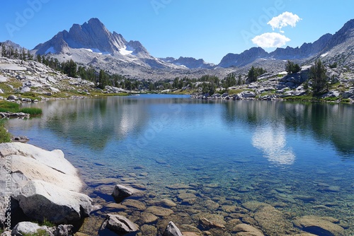 Serene Mountain Lake Surrounded by Lush Green Forest and Peaks photo