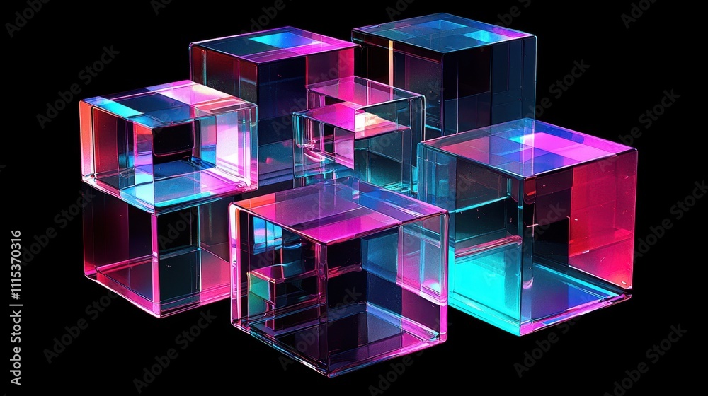 Captivating 3D Render of Stacked Translucent Geometric Cubes with Vibrant Lighting Effects Captivating 3D Render of Stacked Translucent Geometric Cubes with Vibrant Lighting Effects