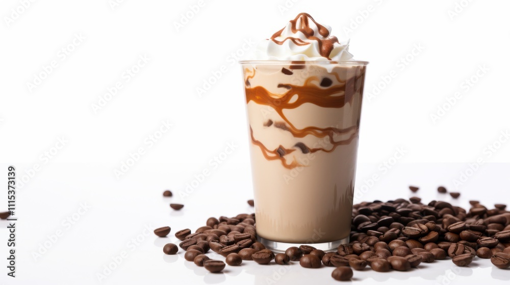 Iced caramel macchiato with milk and espresso, perfect for advertising, rich color and soft foam. Iced caramel macchiato with milk and espresso, perfect for advertising, rich color and soft foam.
