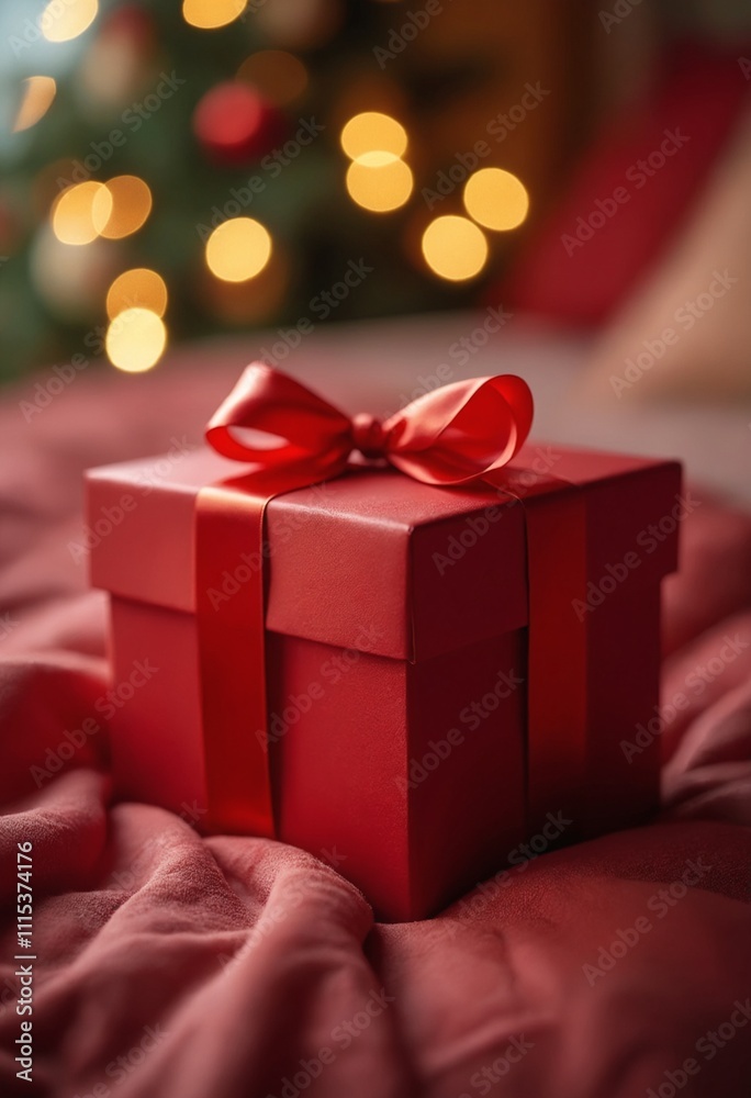 Red gift box on a bed Red gift box on a bed