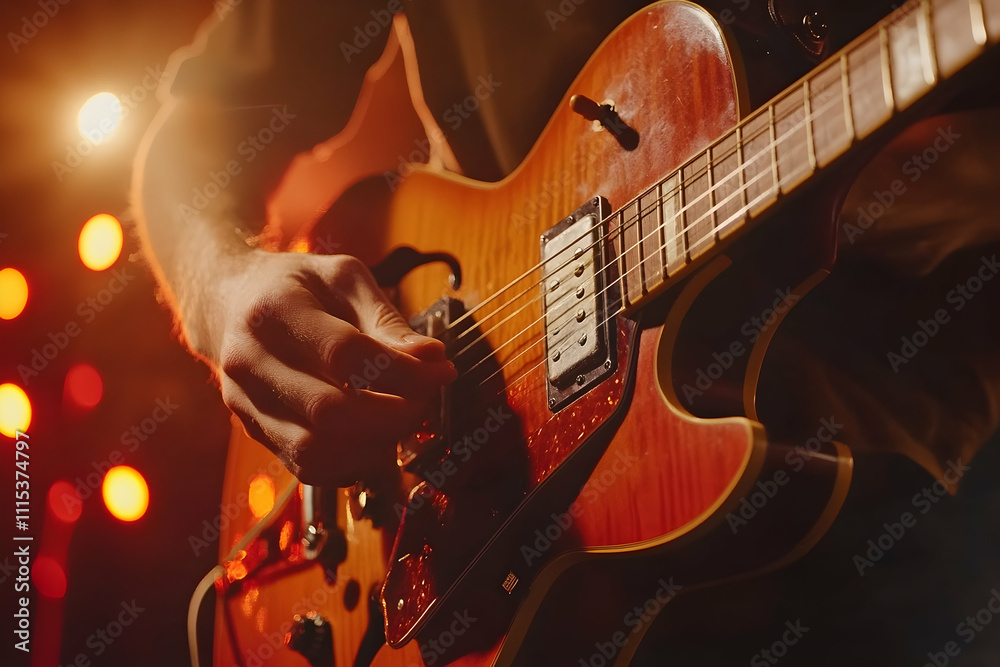 Fototapeta premium Hands playing an electric guitar on a dimly lit stage with bokeh lights