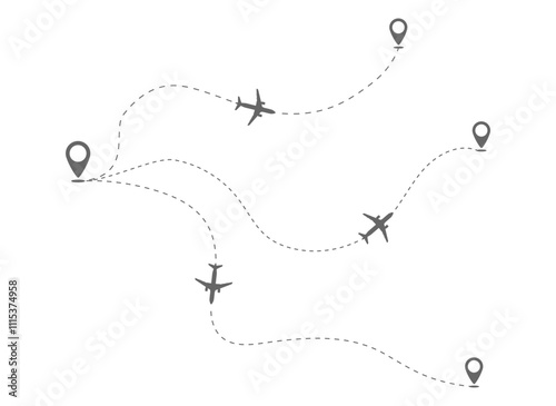 The trajectory of aircraft movement from one airport. Flights from the same airport. Course and direction of flight