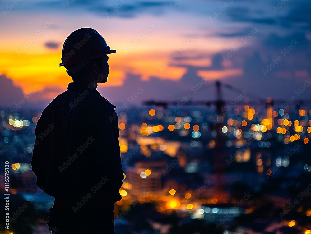 Fototapeta premium Silhouette of an Asian engineer at a nighttime construction site in Thailand, highlighting the industrial landscape and night sky