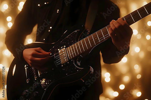 Hands playing an electric guitar on a dimly lit stage with bokeh lights