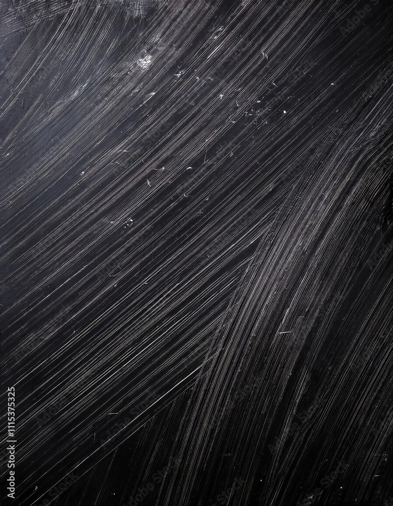 Obraz premium Close-up texture of a scratched black surface with curved abrasion lines and scuff marks, dark grunge background, rough and worn look, high detail, moody lighting.