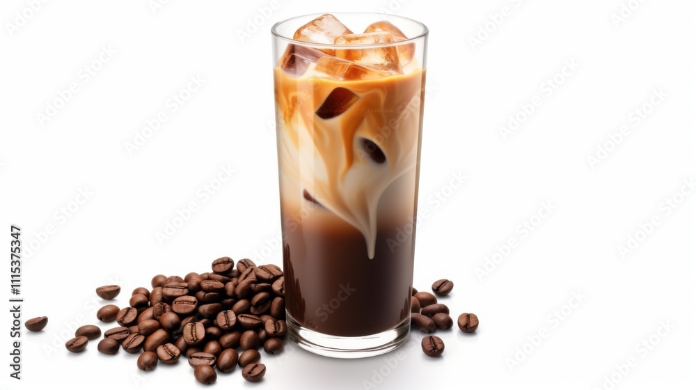 Iced caramel macchiato with milk and espresso, perfect for advertising, rich color and soft foam. Iced caramel macchiato with milk and espresso, perfect for advertising, rich color and soft foam.