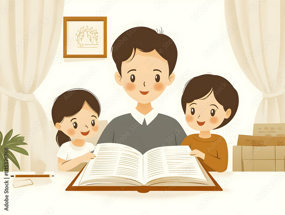 Family Reading Storybook Together Flat Vector Illustration Soft Abstract Background Family Reading Storybook Together Flat Vector Illustration Soft Abstract Background