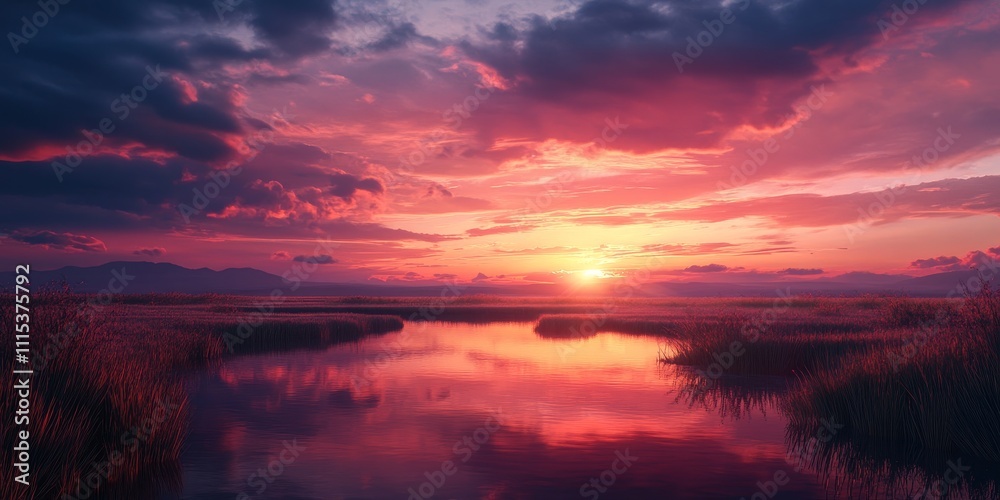 Obraz premium Serene sunset casting warm hues in a tranquil landscape, showcasing the beauty of a stunning sunset. This captivating sunset offers a perfect moment to embrace nature s artwork.