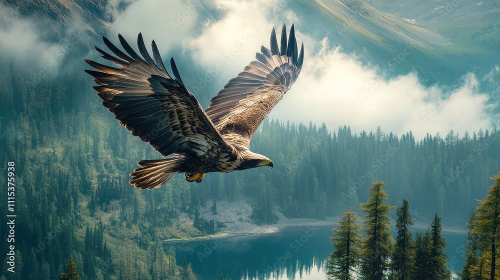 Fototapeta premium Majestic Eagle Soaring Over Misty Mountain Lake