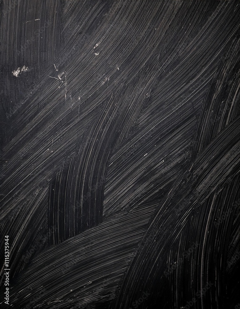 Obraz premium Close-up texture of a scratched black surface with curved abrasion lines and scuff marks, dark grunge background, rough and worn look, high detail, moody lighting.