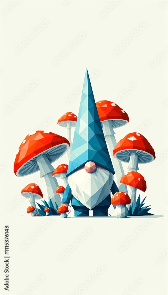 Obraz premium Minimalist illustration of low poly gnome surrounded by Amanita mushrooms