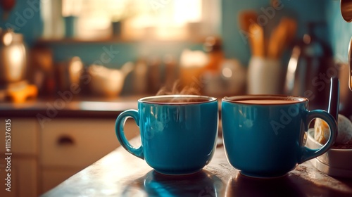 Morning coffee ritual in a cozy kitchen with warm light and vibrant blue mugs photo
