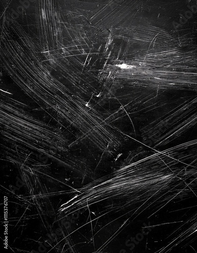 Close-up texture of a scratched black surface with curved abrasion lines and scuff marks, dark grunge background, rough and worn look, high detail, moody lighting.