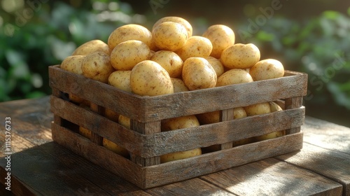 Fresh potatoes in rustic wooden crate.