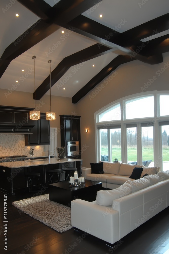 Fototapeta premium Luxurious Open-Concept Living Room with Exposed Beams