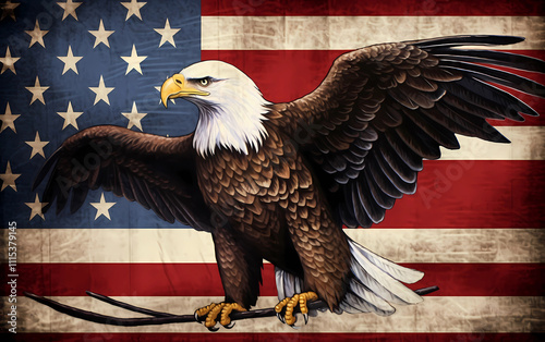 North American bald eagle on American flag background. US Holidays 4th of July, Independence day, President day. Retro style flag with eagle