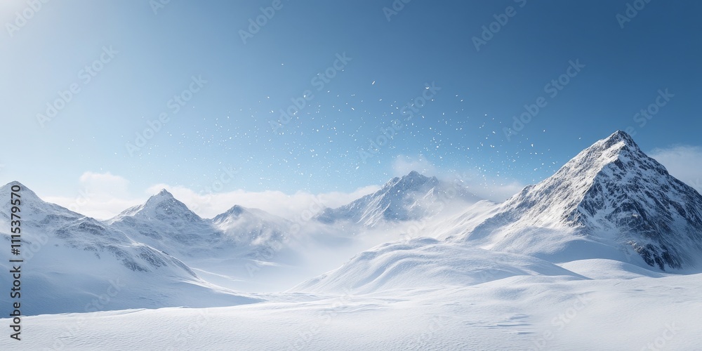 Obraz premium Wind scattering snow from a high alpine ridge creates a stunning scene under a clear blue sky, showcasing the beauty of wind and snow in an alpine landscape.