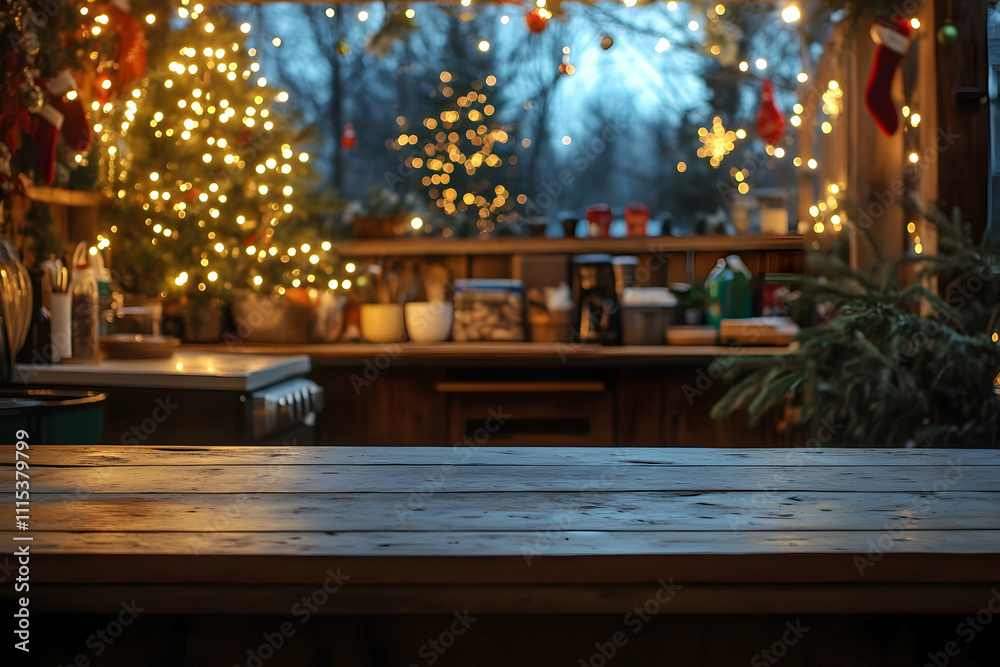 Cozy Winter Wooden Table Background, Lights Illustration Cozy Winter Wooden Table Background, Lights Illustration