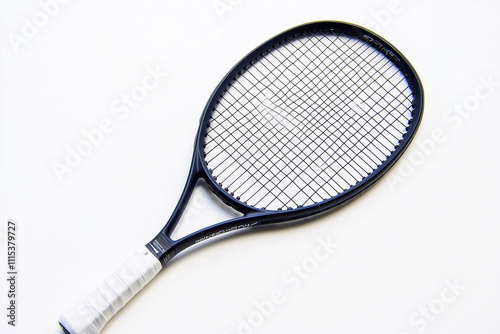 Selective focus tennis racket isolated on white background, Close up shot tennis bat on white. photo