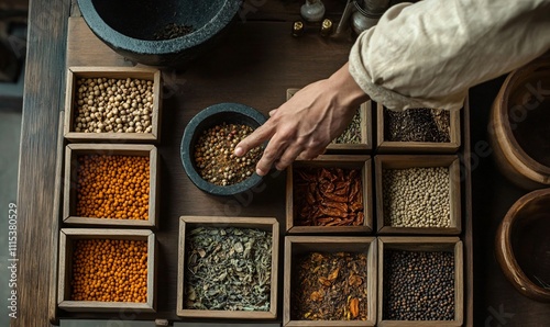 Traditional Chinese medicine herbs in a wooden box with a mortar and pestle, representing ancient healing wisdom and cultural heritage. Natural grains and medicinal ingredients reflect holistic wellne photo