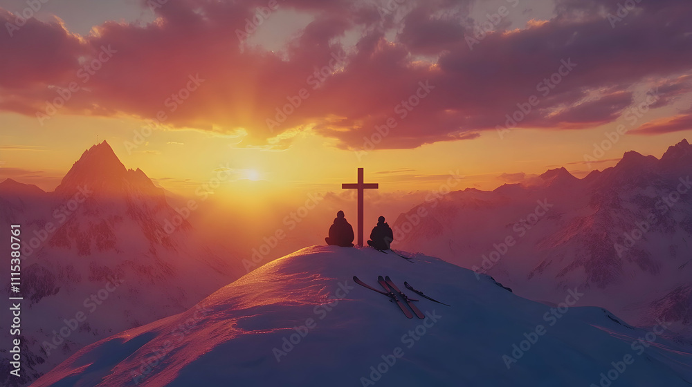 Fototapeta premium Silhouetted Skiers Watching Sunrise Over Snow-Capped Mountains and Cross